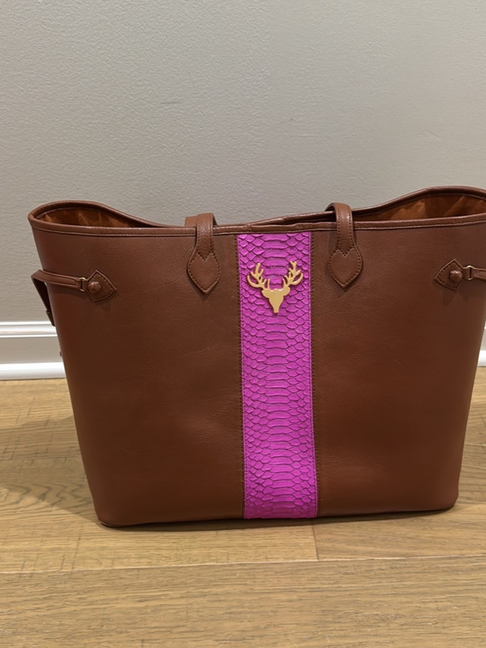 Taxidermy brown tote with pink python accent